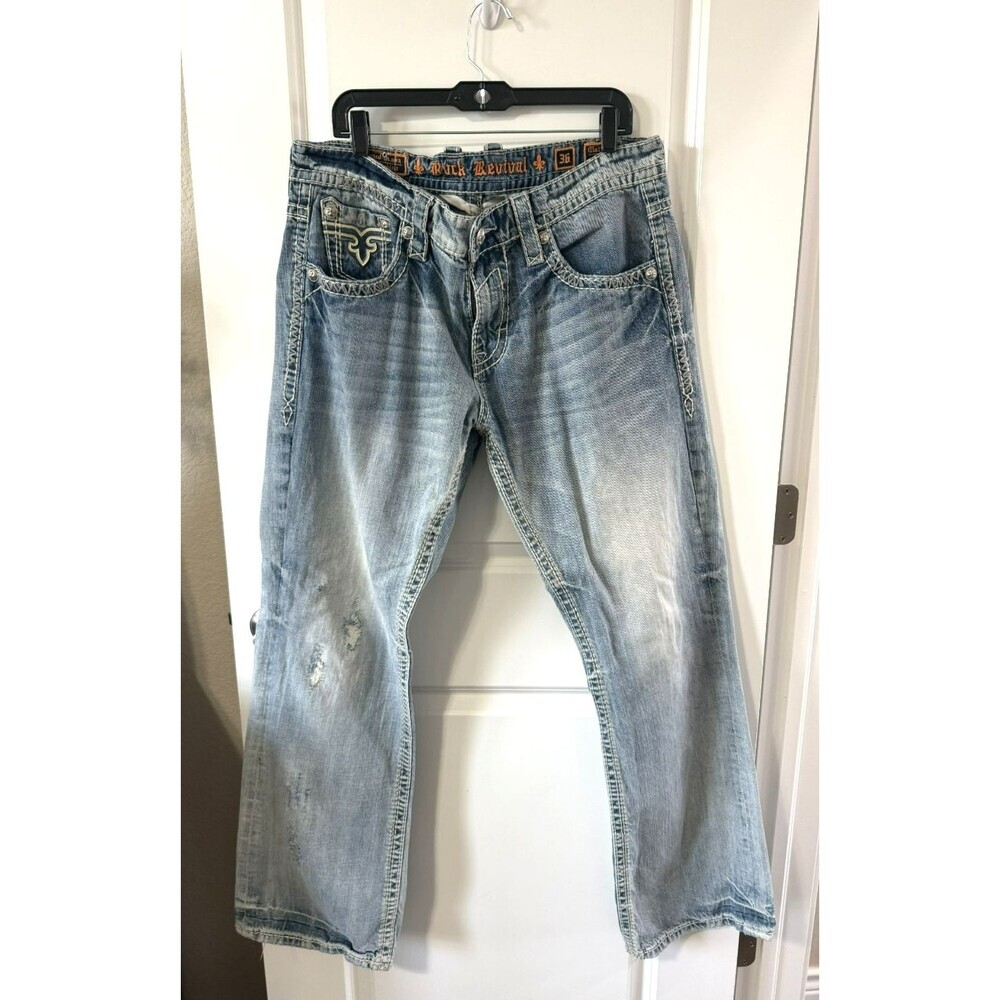 Rock Revival Matthew Boot Cut Distressed Jeans Size 36 Embellished 34" inseam